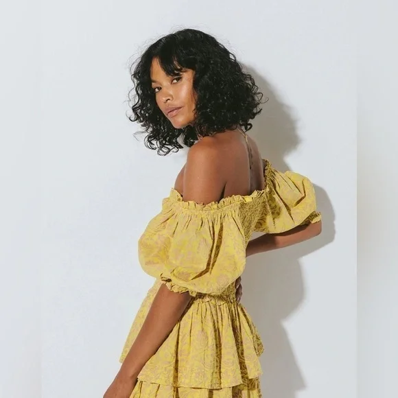 Cleobella Luna Smocked Mini Dress Camellia Yellow - Picture 3 of 14